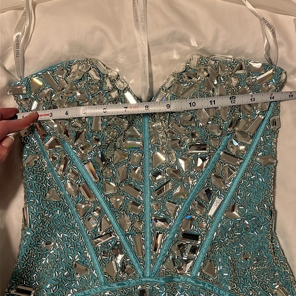 Sherri Hill 1429 Embellished strapless Aqua & silver formal mini dress NWT - Picture 7 of 9